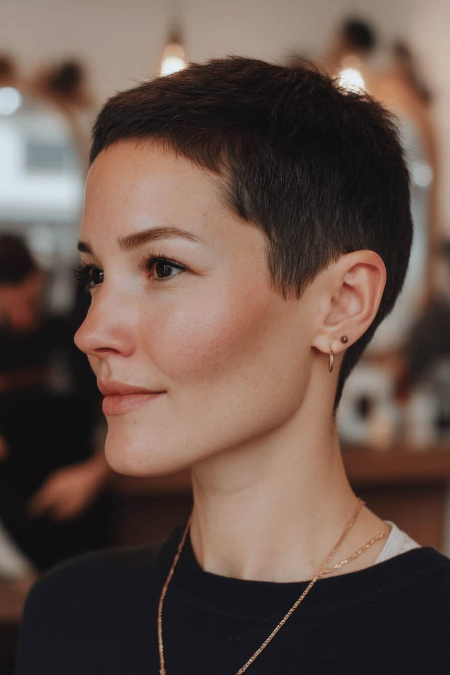 Frau mit einem Buzz Cut in einem Friseursalon.