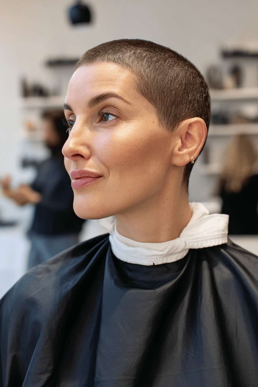 Frau mit einem stilvollen Buzzcut in einem Friseurstuhl.