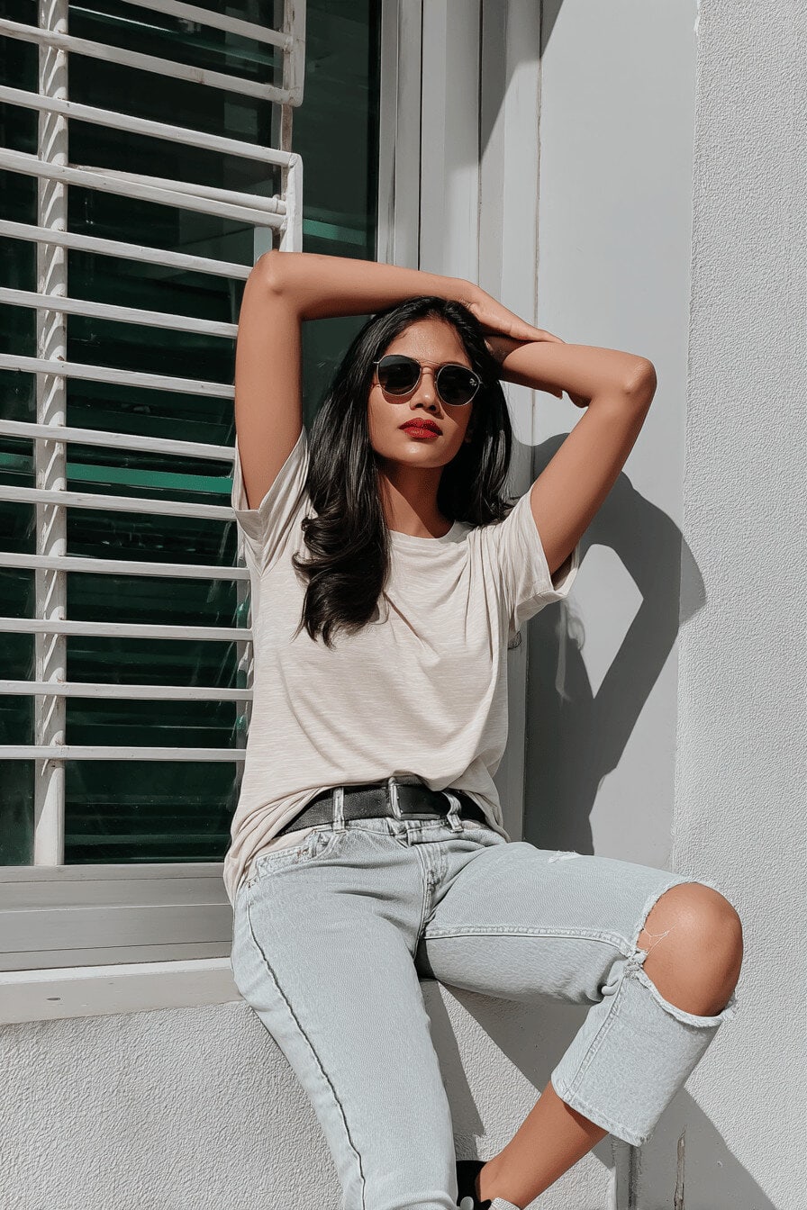 Frau in lässigem T-Shirt und Sonnenbrille sitzt an eine Wand gelehnt.
