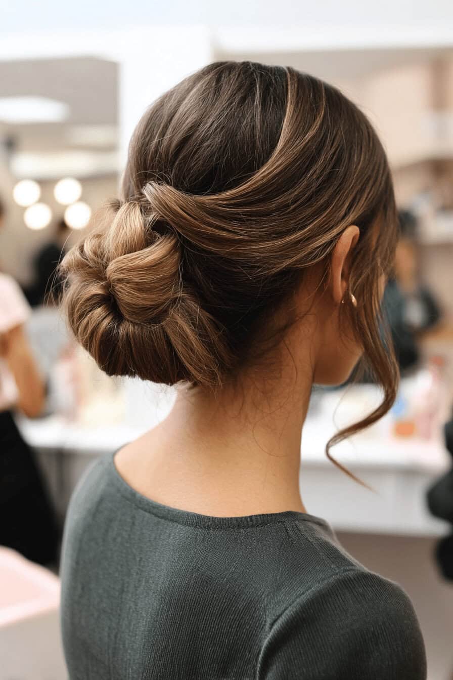 Frau mit elegantem Chignon Knoten im Nacken.