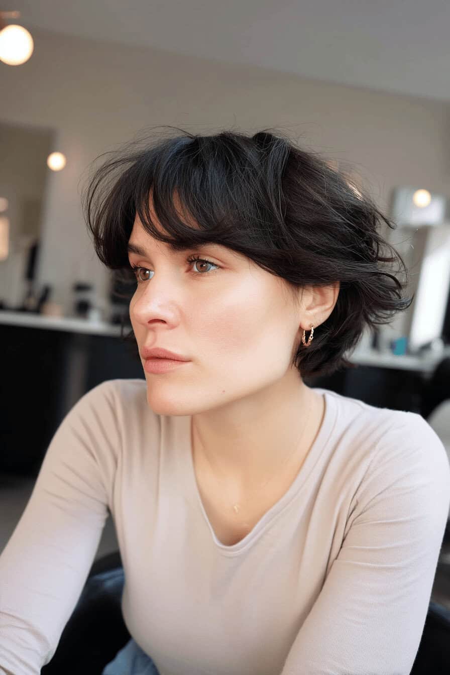 Frau mit einem trendigen Choppy Bob Haarschnitt.