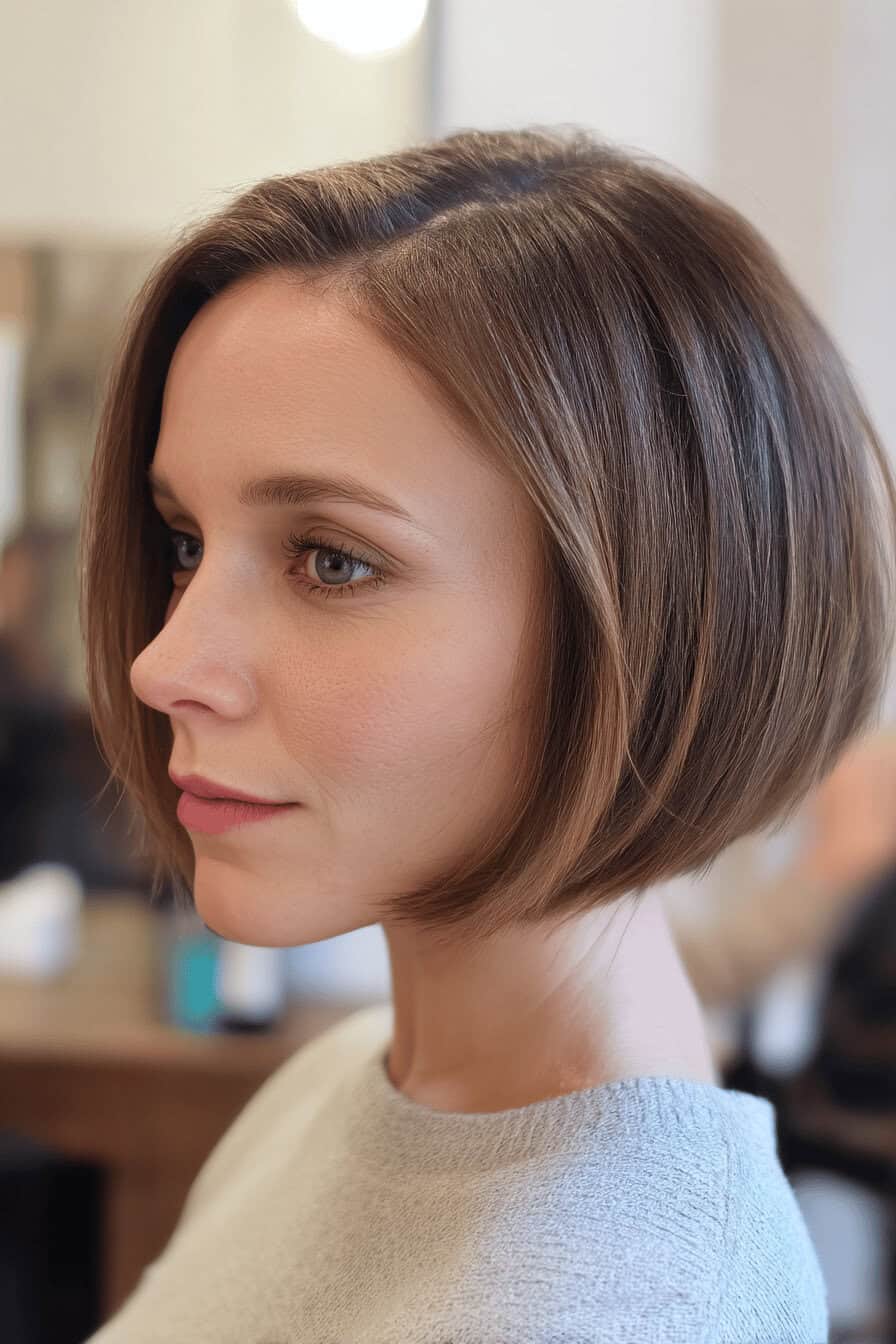 Nahaufnahme eines modischen Cropped Bob mit feinem Seitenscheitel.