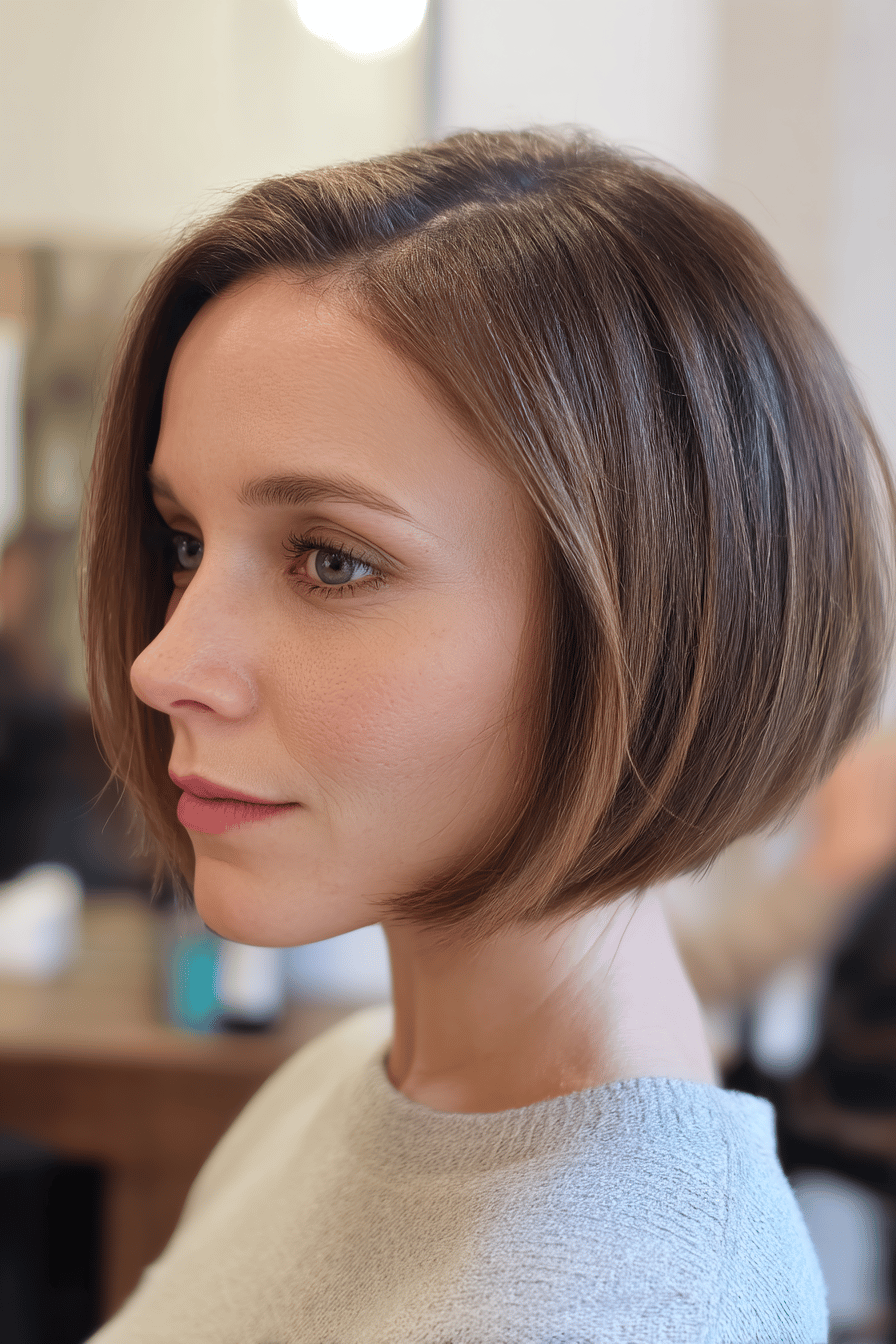 Nahaufnahme eines modischen Cropped Bob mit feinem Seitenscheitel.