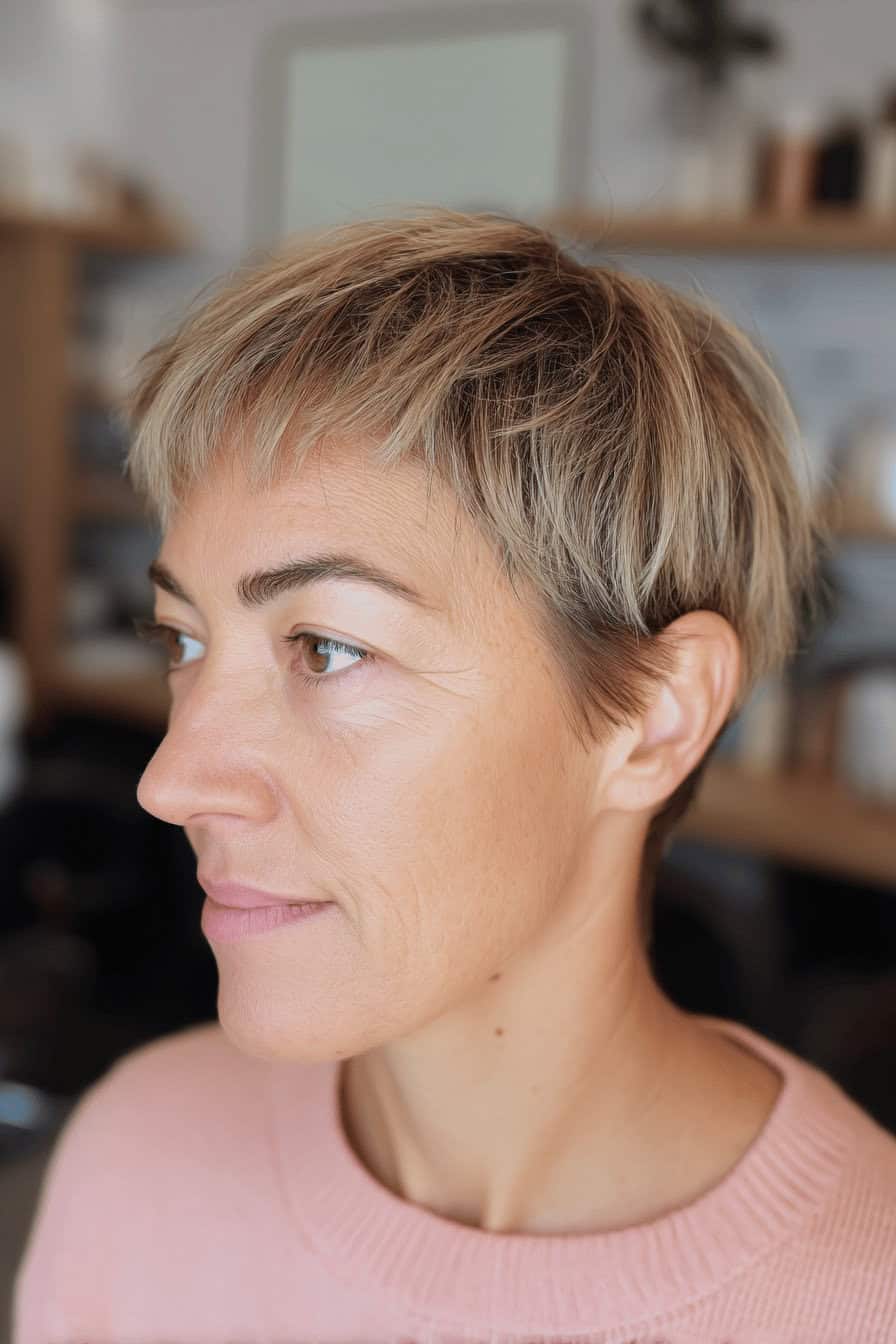 Frau mit kurzem, strukturiertem Haarschnitt und natürlicher Haarfarbe.