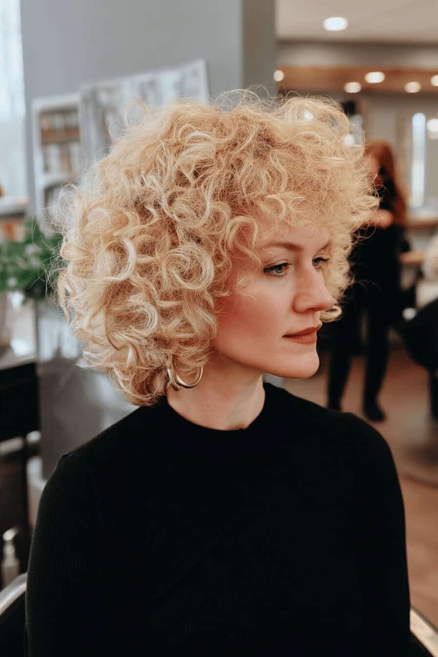 Frau mit lockigem, blondem Afro im Friseursalon.