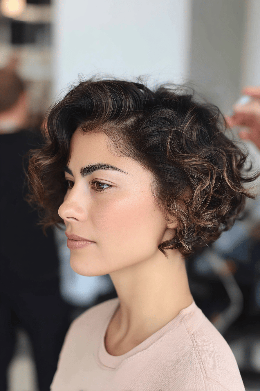 Frau mit einem lockigen Pixie Bob, elegant gestylt.