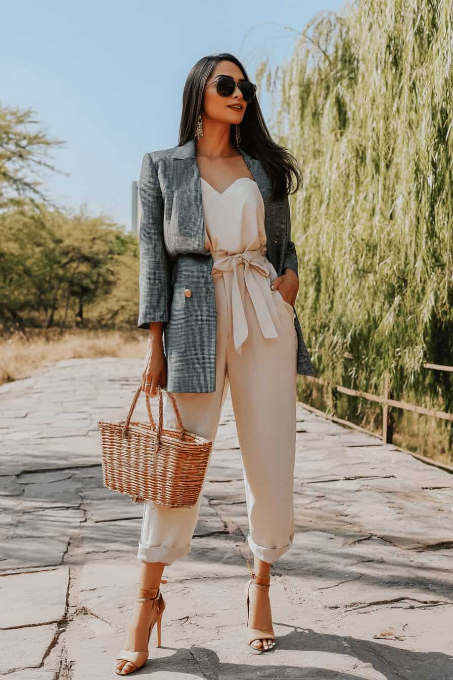 Frau im eleganten, maßgeschneiderten Anzug mit Sommeraccessoires.