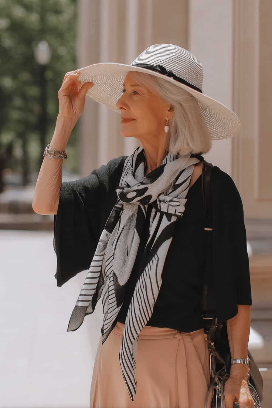 Ältere Dame im eleganten Sommeroutfit mit Hut und Schal.