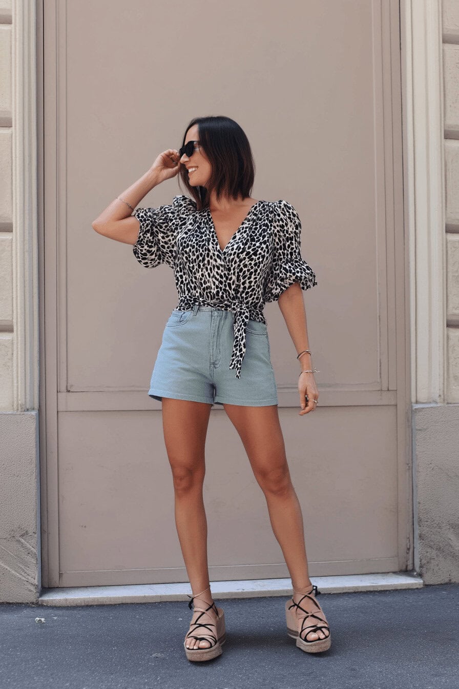 Frau trägt ein sommerliches Outfit mit Denim-Shorts und gemustertem Oberteil.