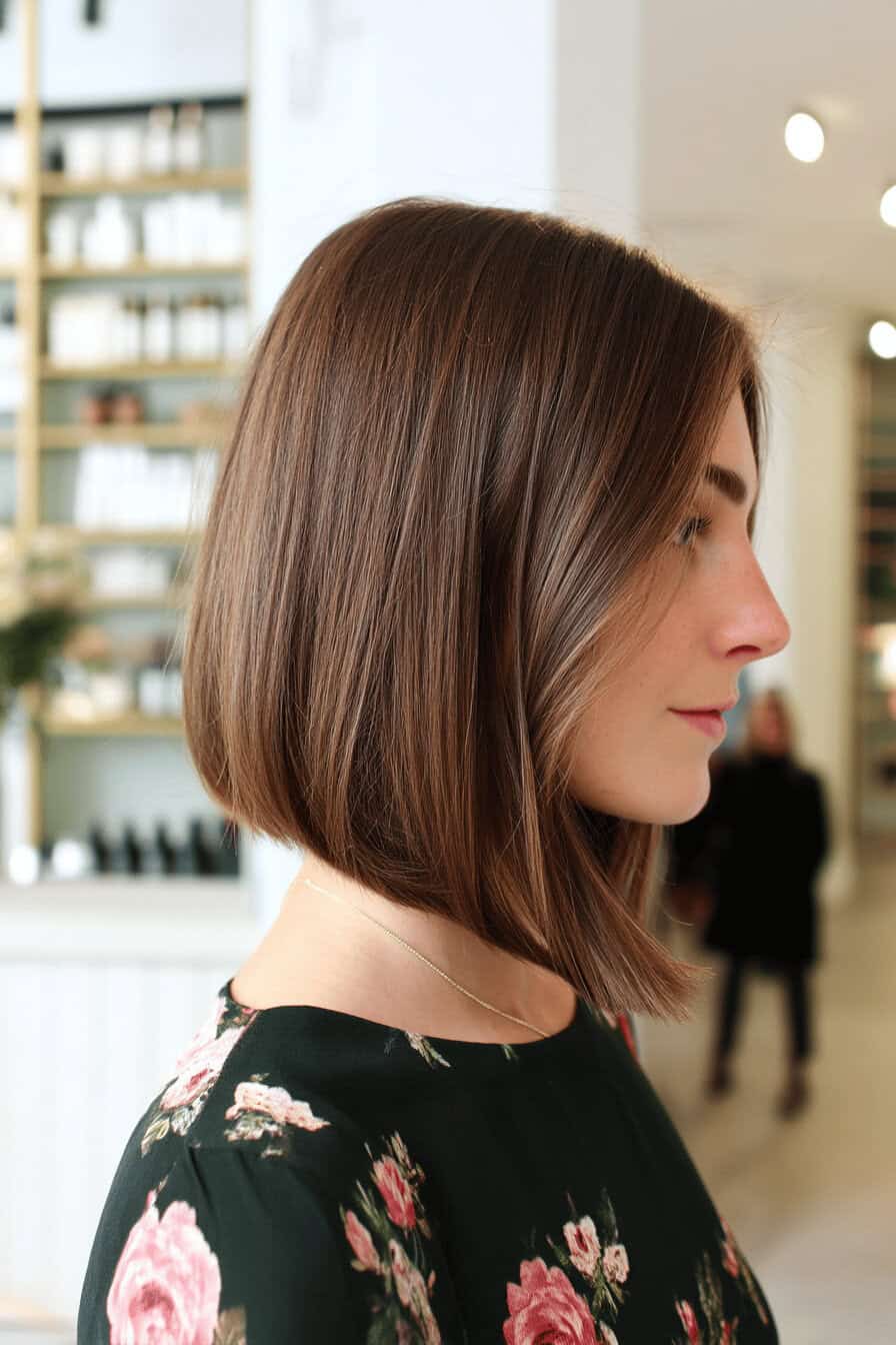 Seitenansicht eines dreieckig geschnittenen, mittellangen Haars in einem Salon.