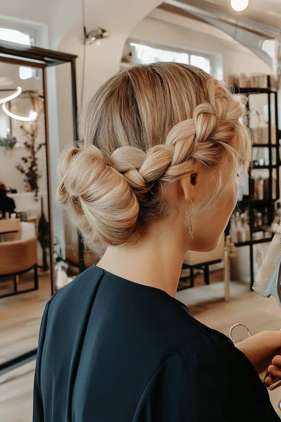 Seitliche Ansicht einer Frau mit elegantem Dutt und Flechtelementen in einem Salon.