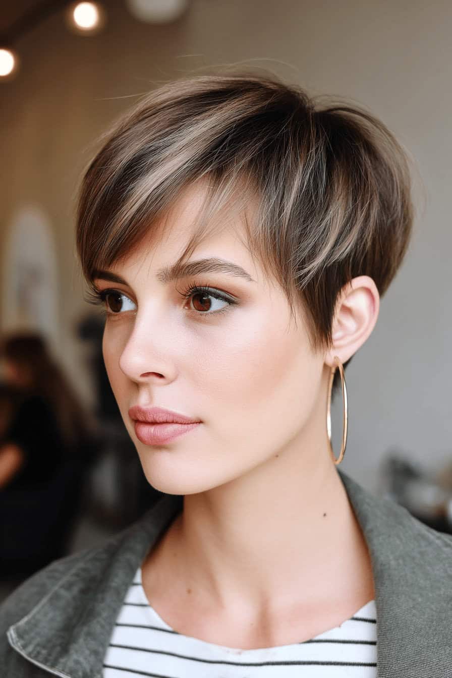 Eine junge Frau mit einem edgy, gestuften Pixie-Haarschnitt und großen Creolen.