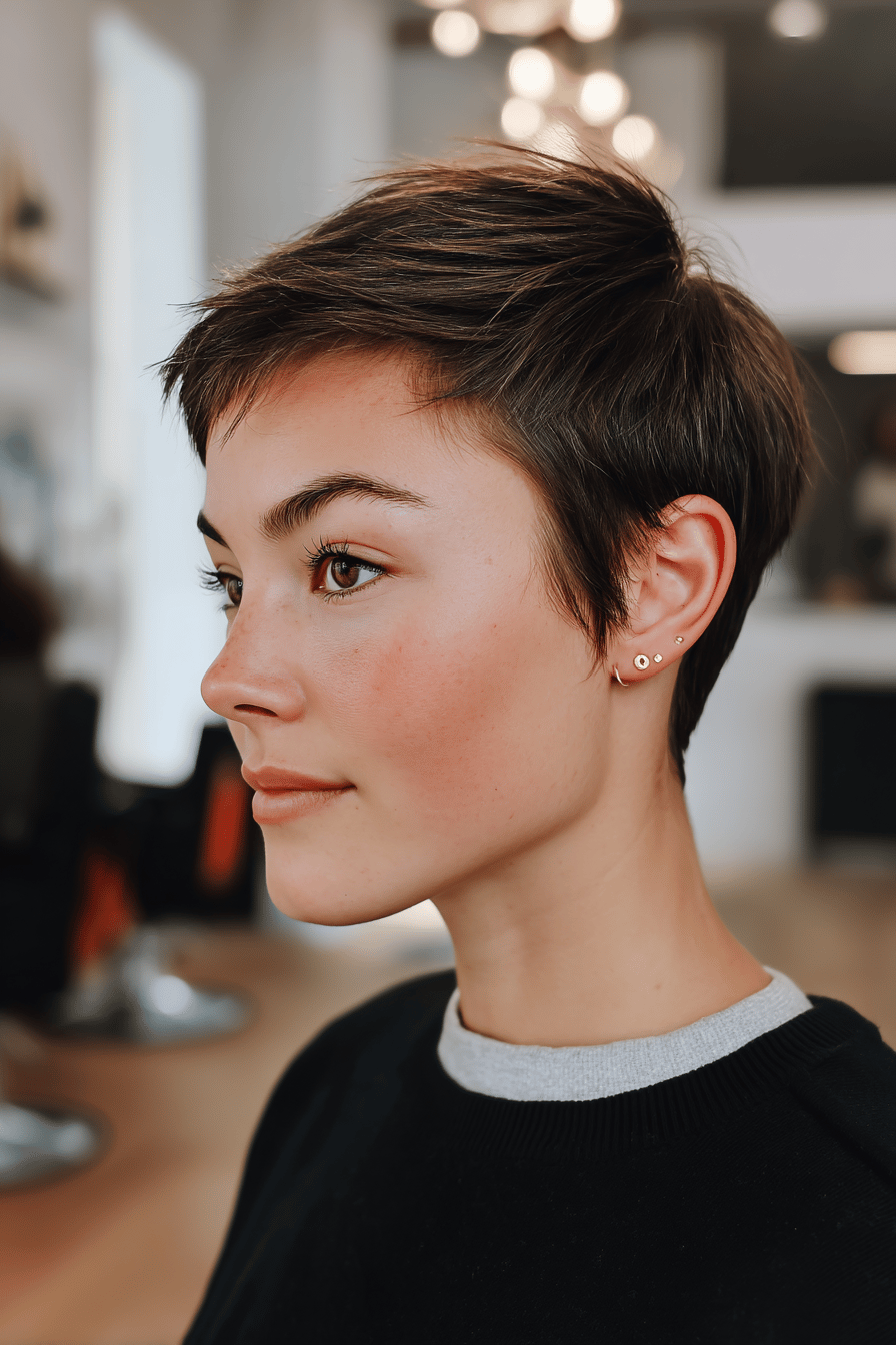 Frau mit einem modernen Pixie-Haarschnitt in einem Friseursalon.