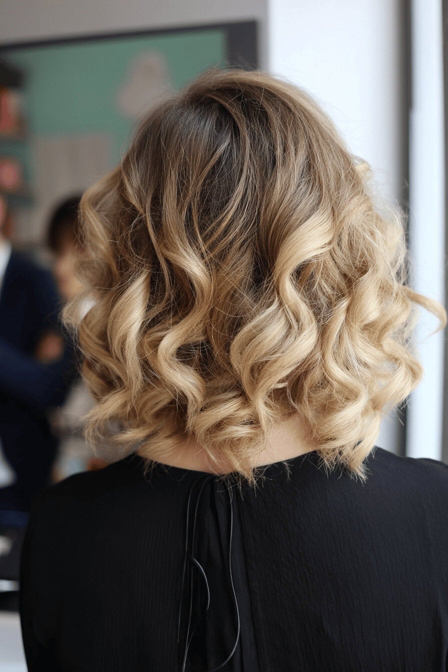 Person mit eingedrehten Locken, blonde Haare von hinten gesehen.