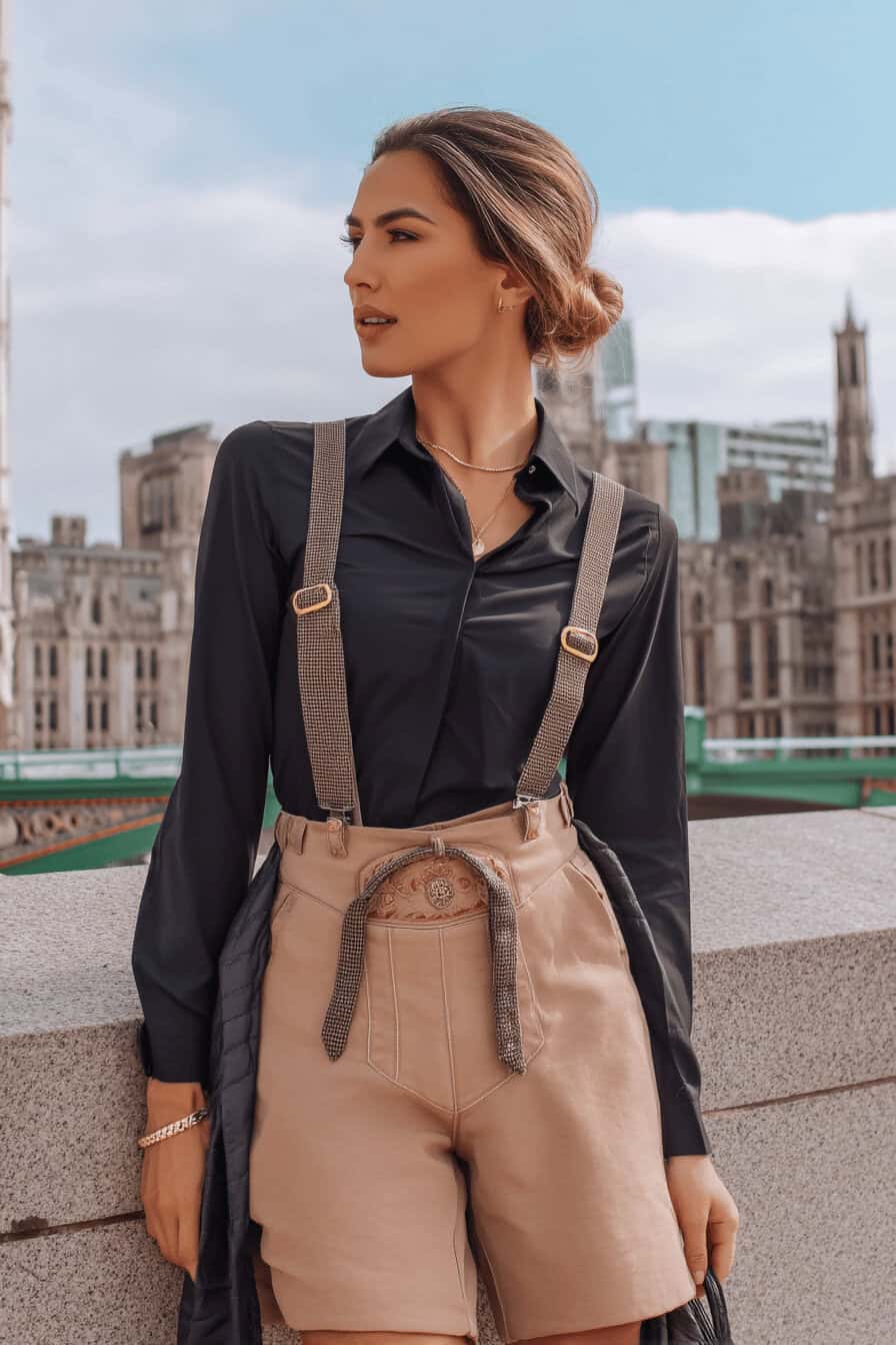 Frau in eleganter Lederhose mit blauem Hemd und Trägern vor städtischer Kulisse.