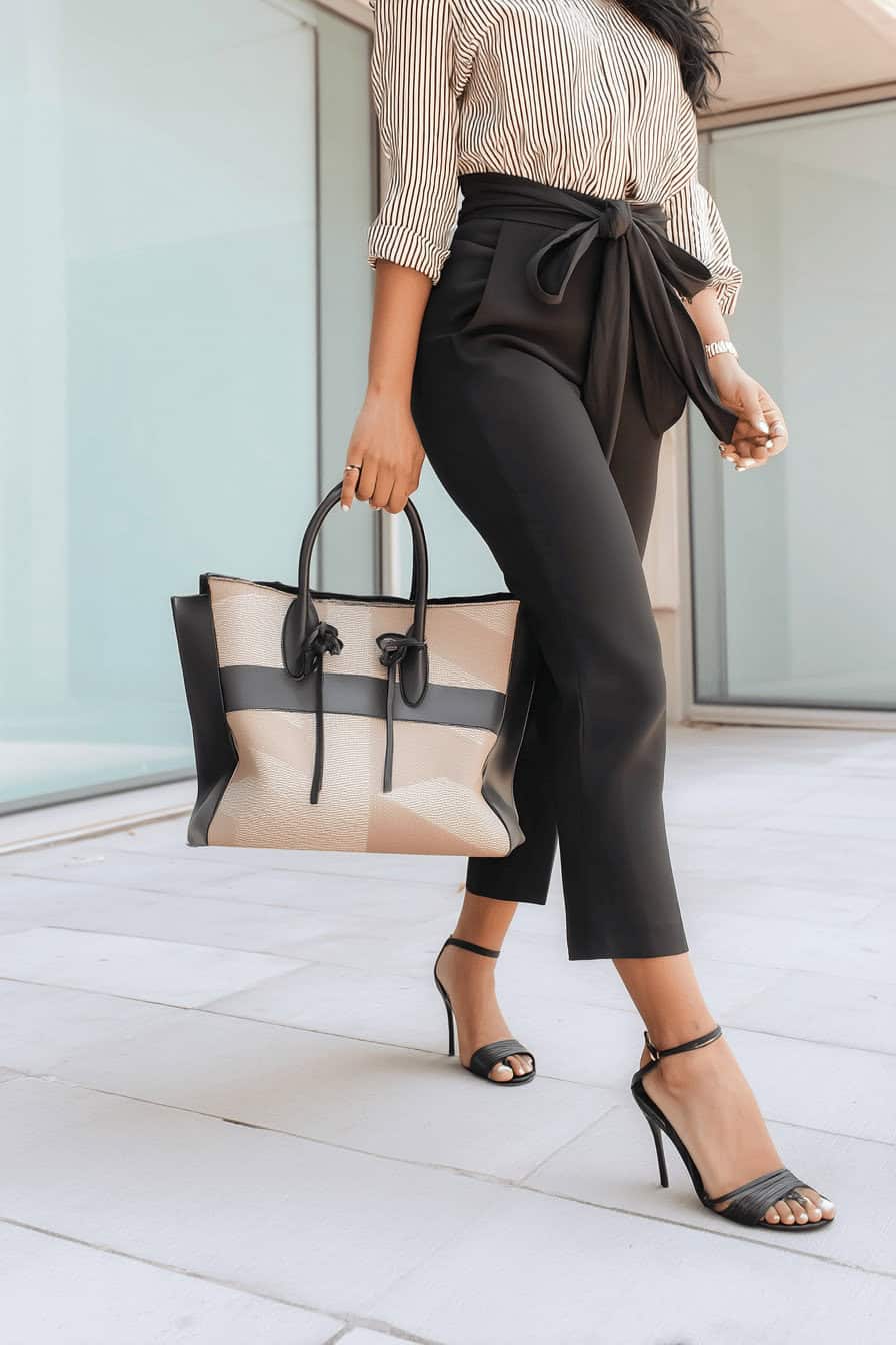Frau trägt eine gestreifte Bluse, schwarze Hose mit Bindegürtel, hohe Sandalen und eine große Designerhandtasche.