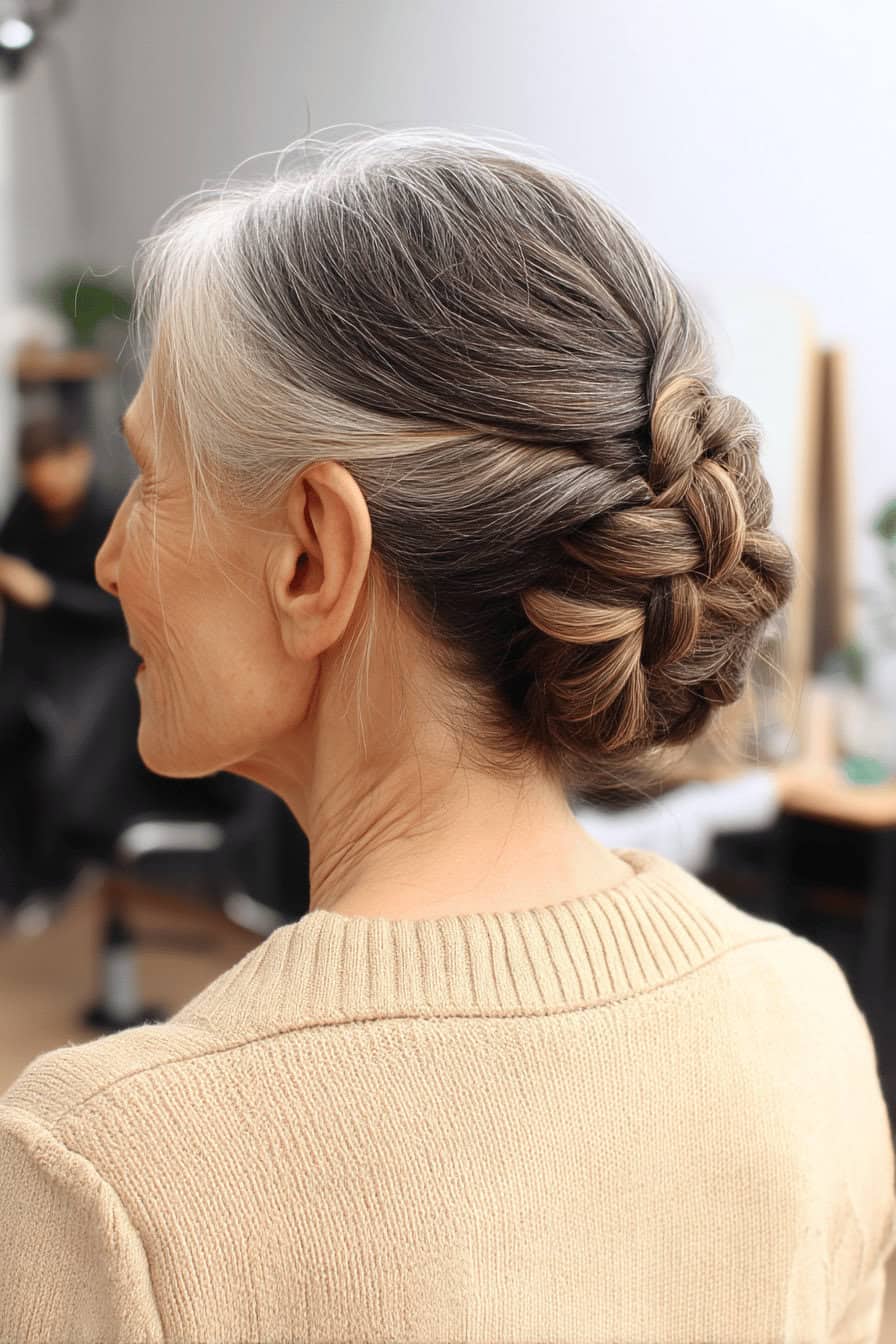 Seitliche Ansicht einer Frau mit grauen Haaren in einer eleganten Hochsteckfrisur.