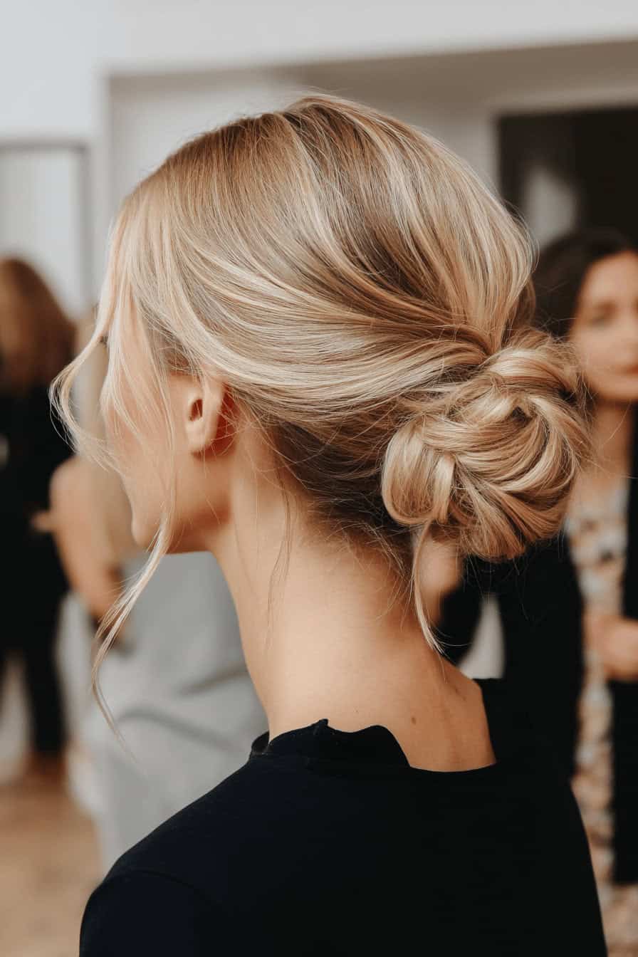 Bild einer Frau mit eleganter, schlichter Hochsteckfrisur in einem festlichen Rahmen.