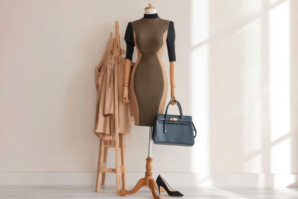 Schickes Kleid mit Tasche und Schuhen auf Puppe