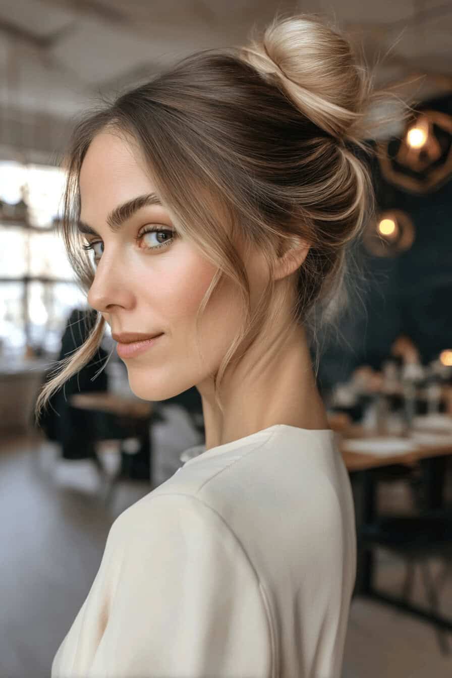 Nahaufnahme einer Frau mit eleganter Hochsteckfrisur in einem gemütlichen Raum.