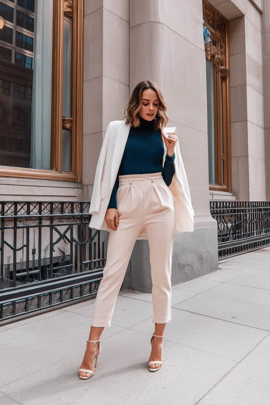 Eine Frau trägt ein stilvolles Outfit mit weißem Blazer, schwarzem Rollkragenpullover und beigen Hosen.