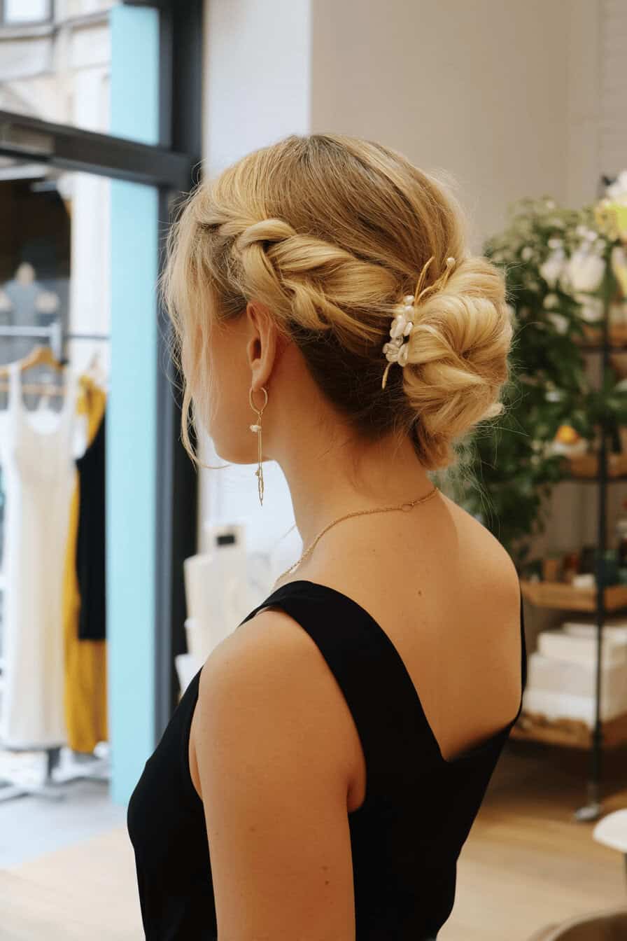 Frau mit einer eleganten Hochsteckfrisur und Blumendekoration seitlich aufgenommen.