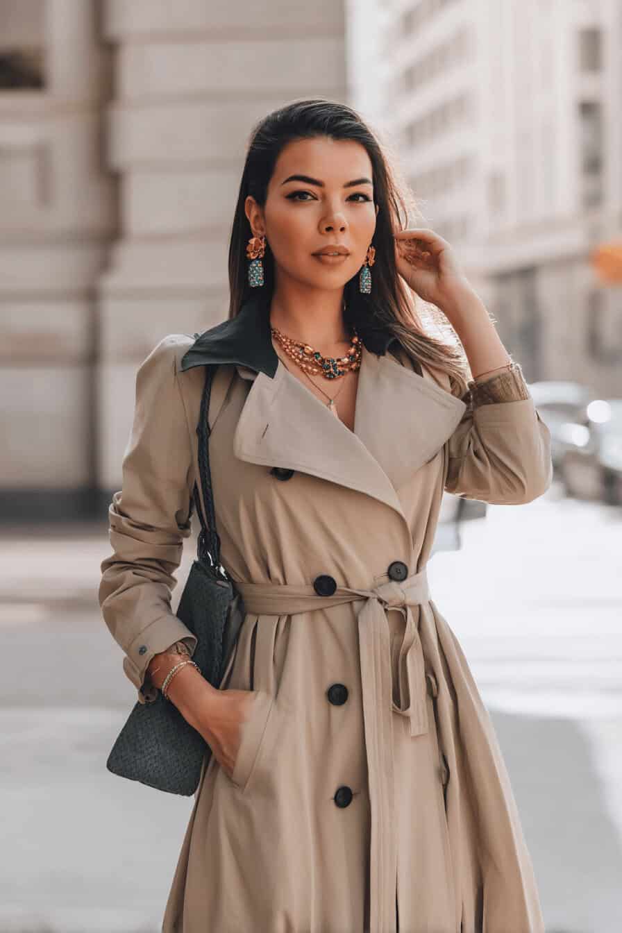 Frau im klassischen beigefarbenen Trenchcoat mit Schmuck und Handtasche.