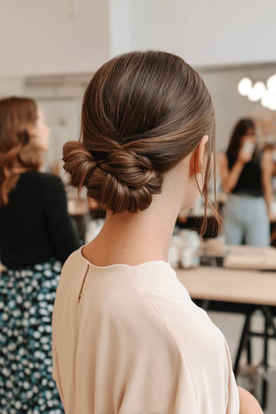 Junge Frau mit elegant geflochtenem Dutt in einem Salon.
