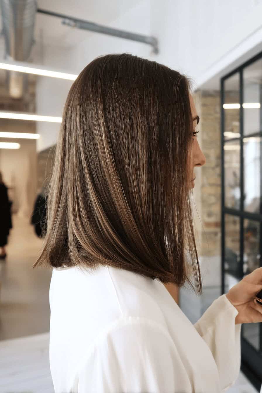 Seitenansicht einer Frau mit elegant geschnittenem Long Bob.
