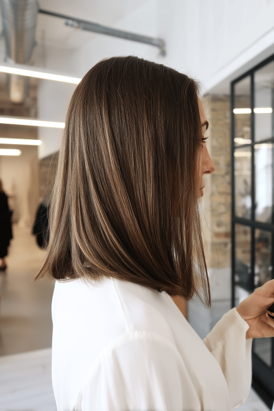 Seitenansicht einer Frau mit elegant geschnittenem Long Bob.