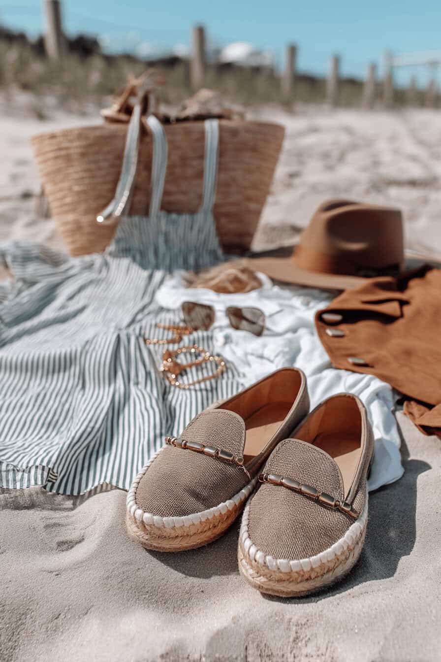 Espadrilles und Sommeraccessoires auf Sand am Strand.