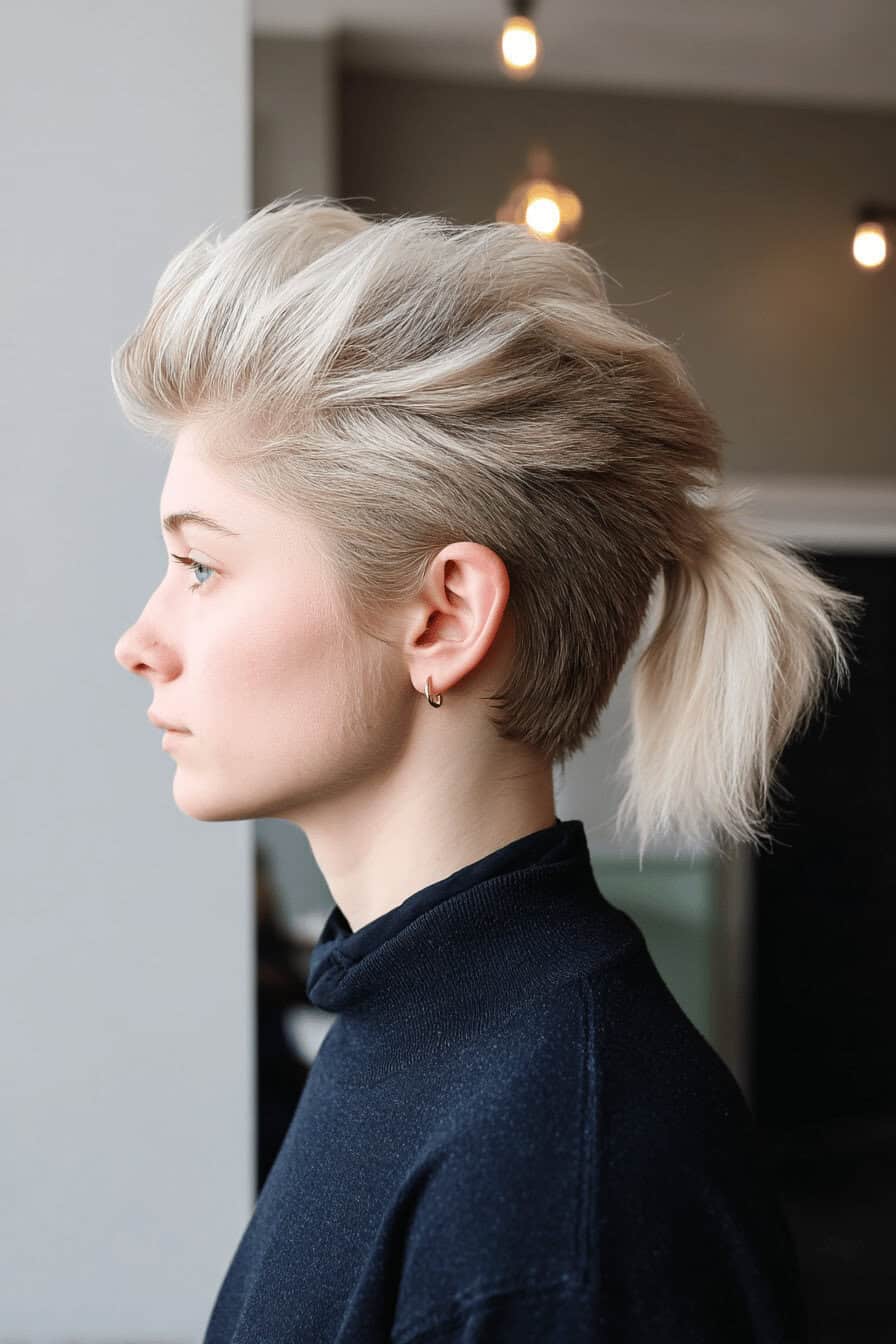 Person mit Faux Hawk Ponytail Frisur im Profil.