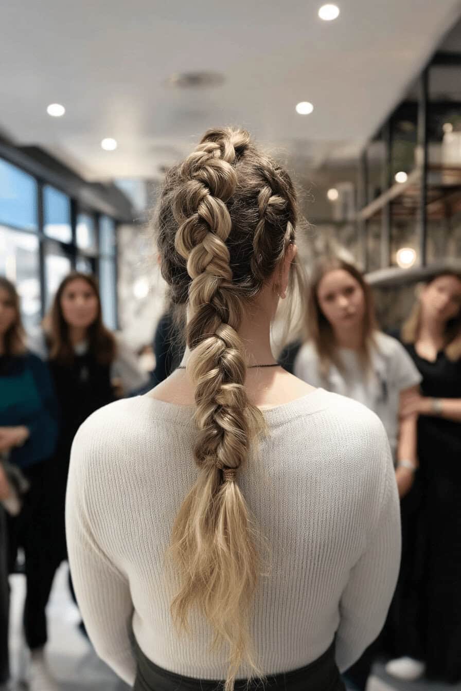 Eine Frau mit aufwendiger Flechtfrisur, perfekte für festliche Anlässe.