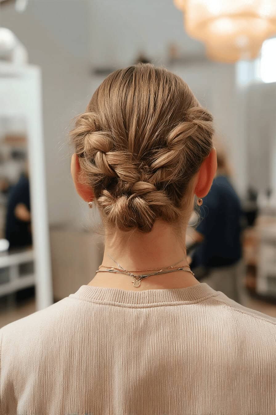 Nahaufnahme einer stilvollen Hochsteckfrisur mit geflochtenen Elementen.