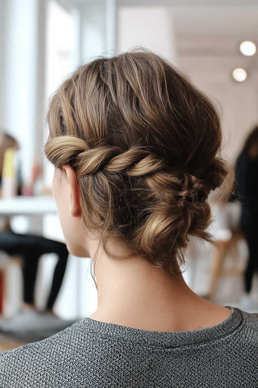 Nahaufnahme einer eleganten geflochtenen Frisur bei kurzem Haar.