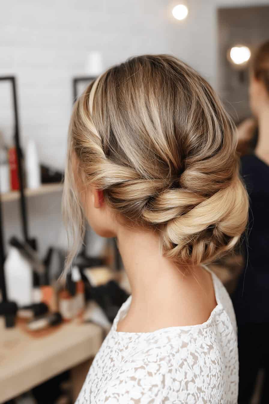 Eine Frau mit einer eleganten Hochsteckfrisur in einem Salon.