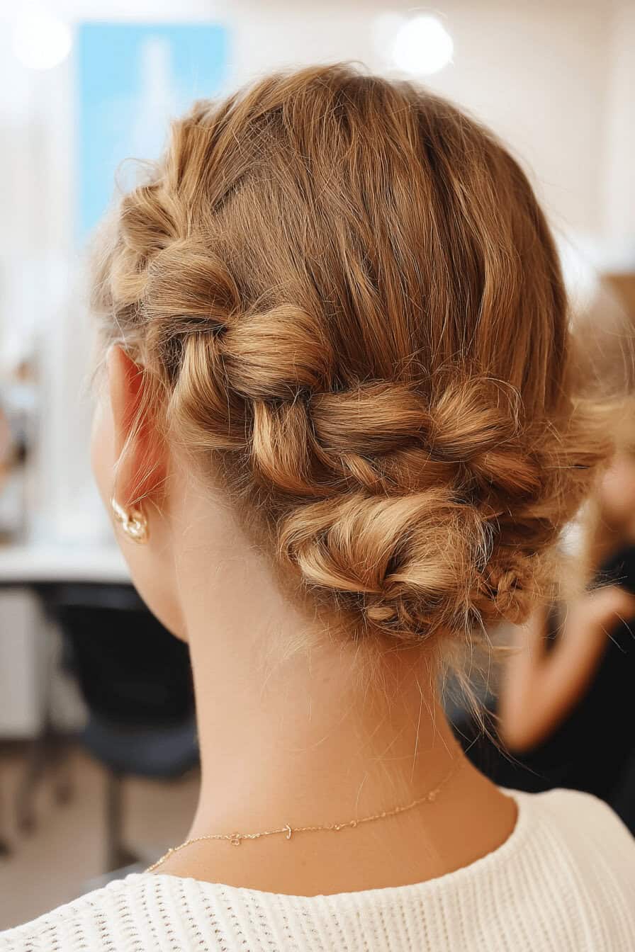 Blonde Haare mit einem eleganten geflochtenen Knoten im Nacken.