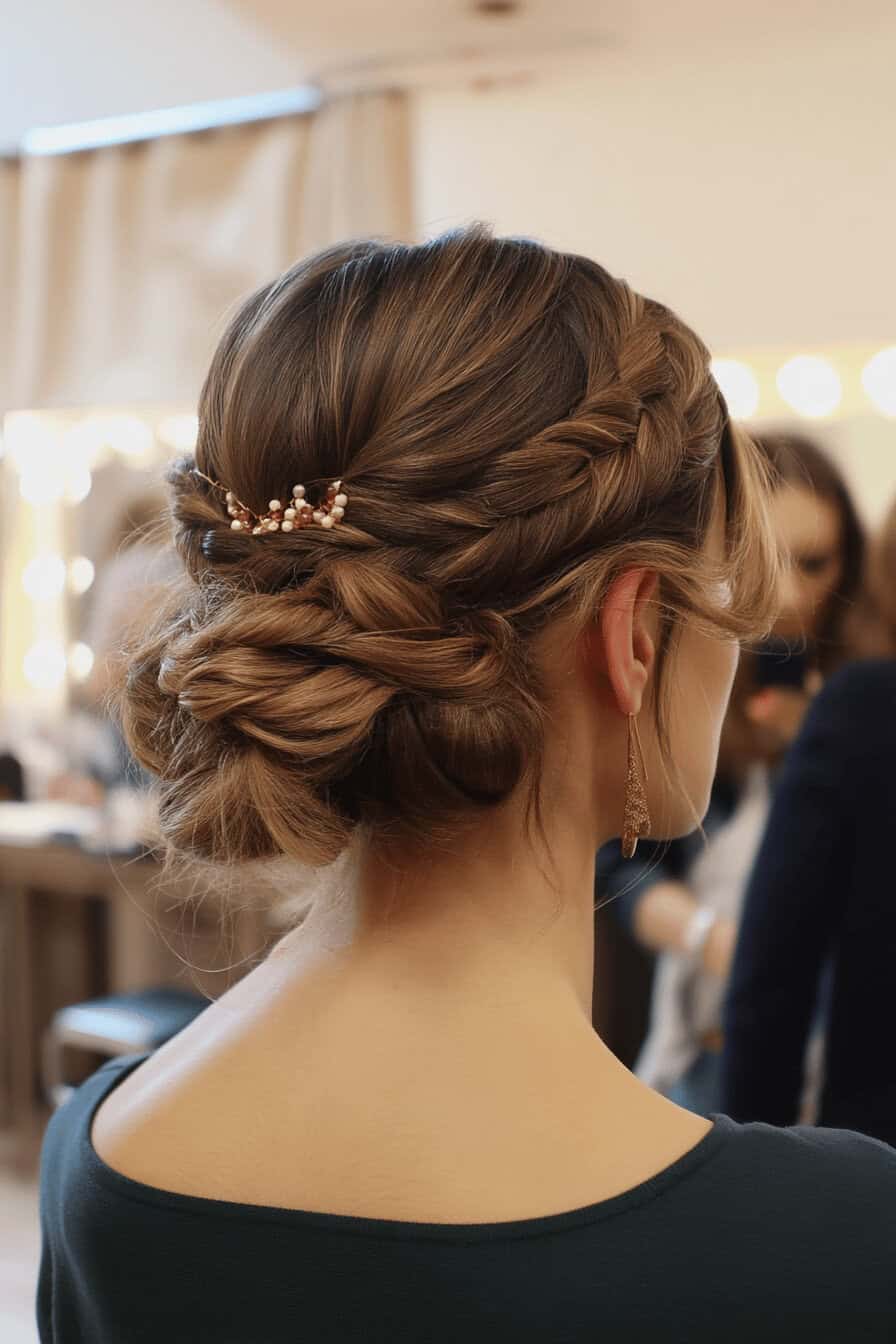 Nahaufnahme einer eleganten Hochsteckfrisur mit geflochtenen Elementen und Haarschmuck.