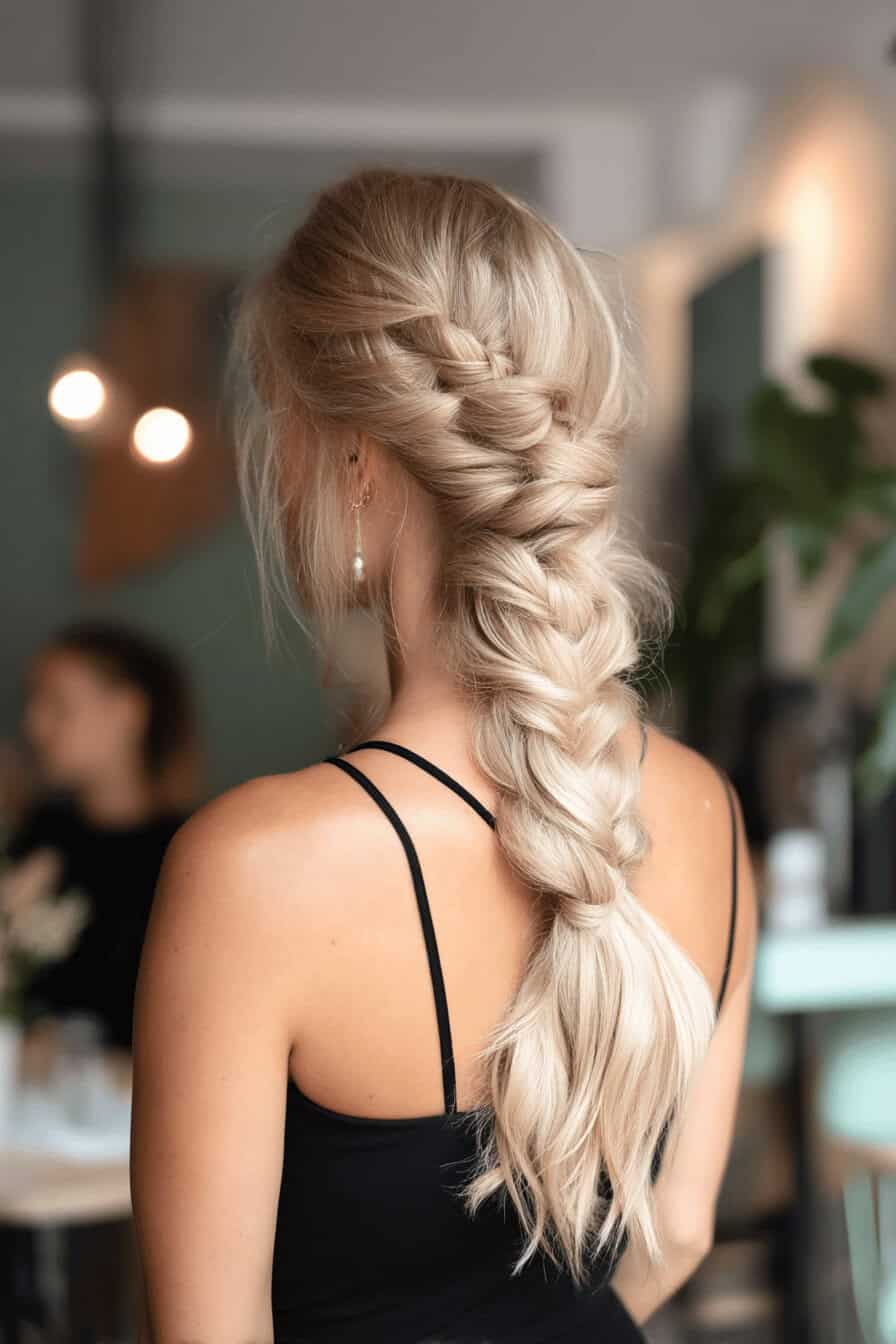 Eine Frau mit einem aufwendigen Fischgrätenzopf, der elegant über die Schulter fällt.