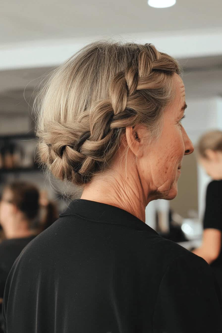 Frau mit geflochtenem Haar in einer eleganten Frisur.