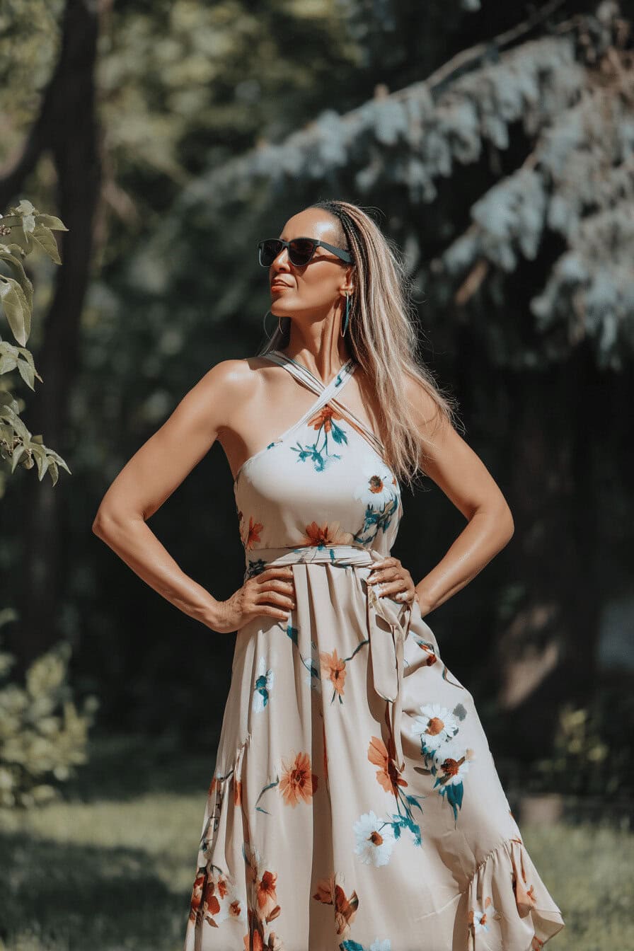 Frau trägt ein florales Maxikleid und Sonnenbrille im Sonnenschein.