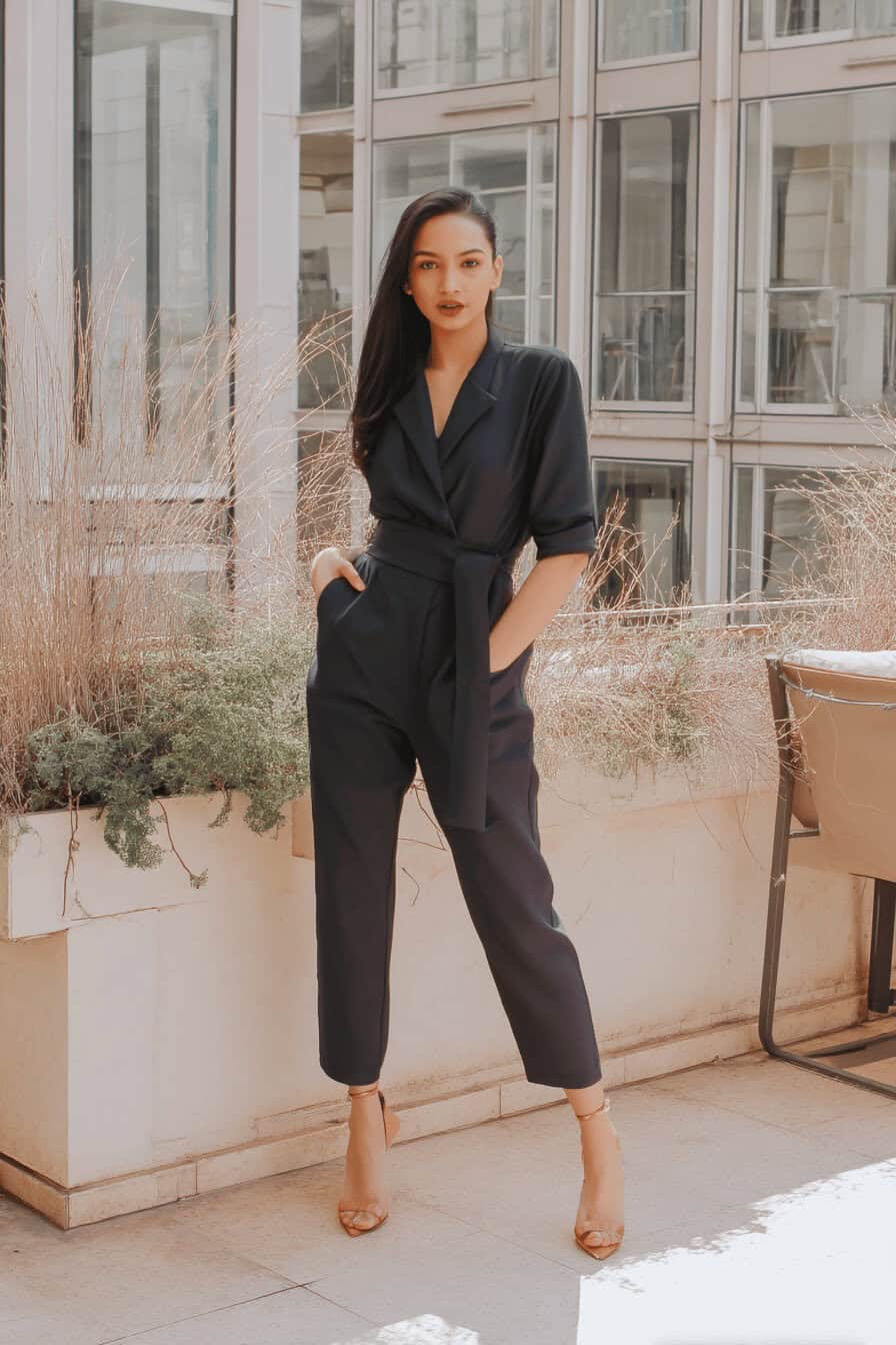 Frau in einem eleganten, dunkelblauen Overall auf einer Terrasse.