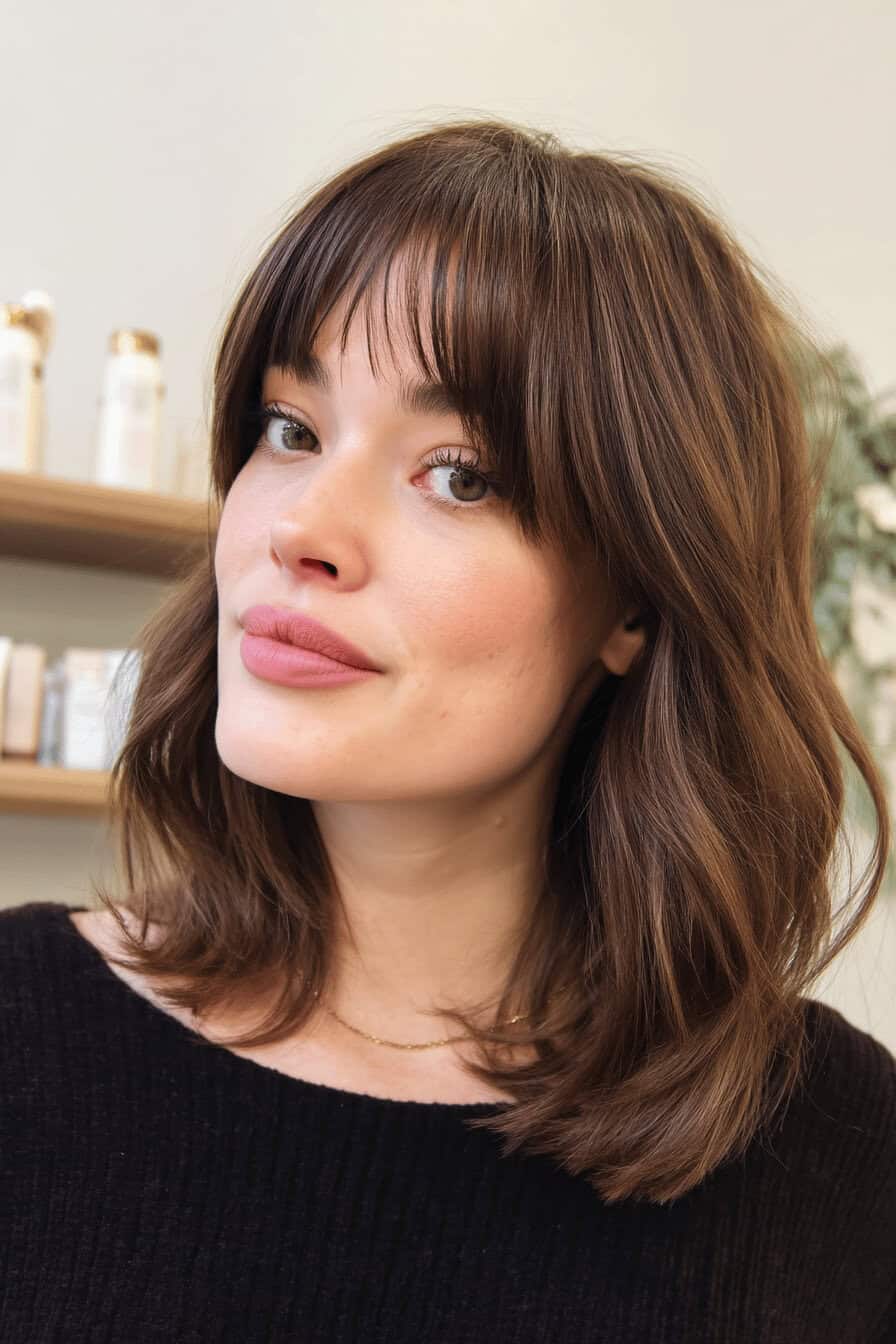 Frau mit mittellangem Haar und fransigem Pony.