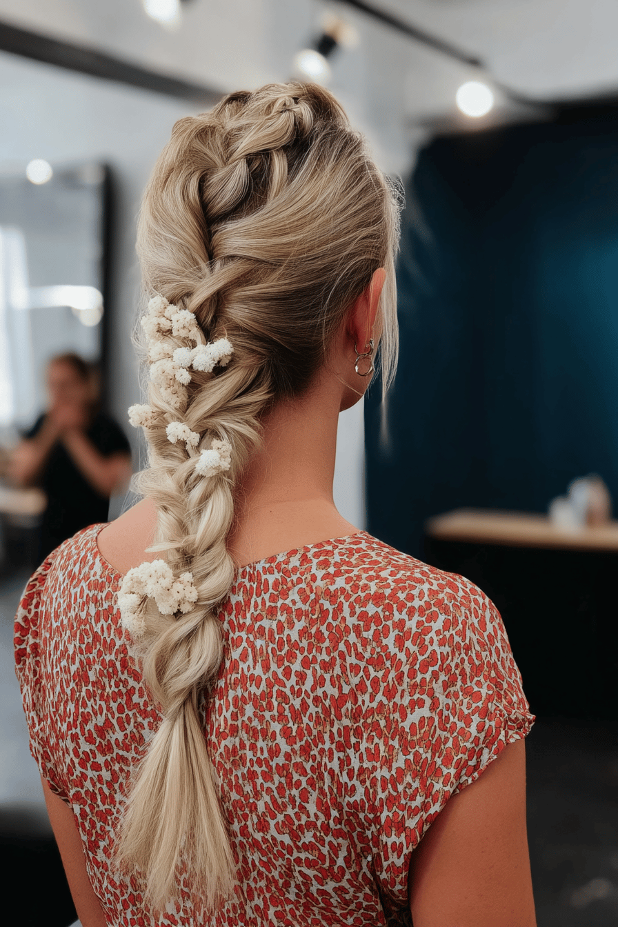 Blonder französischer Zopf dekoriert mit weißen Blumen.