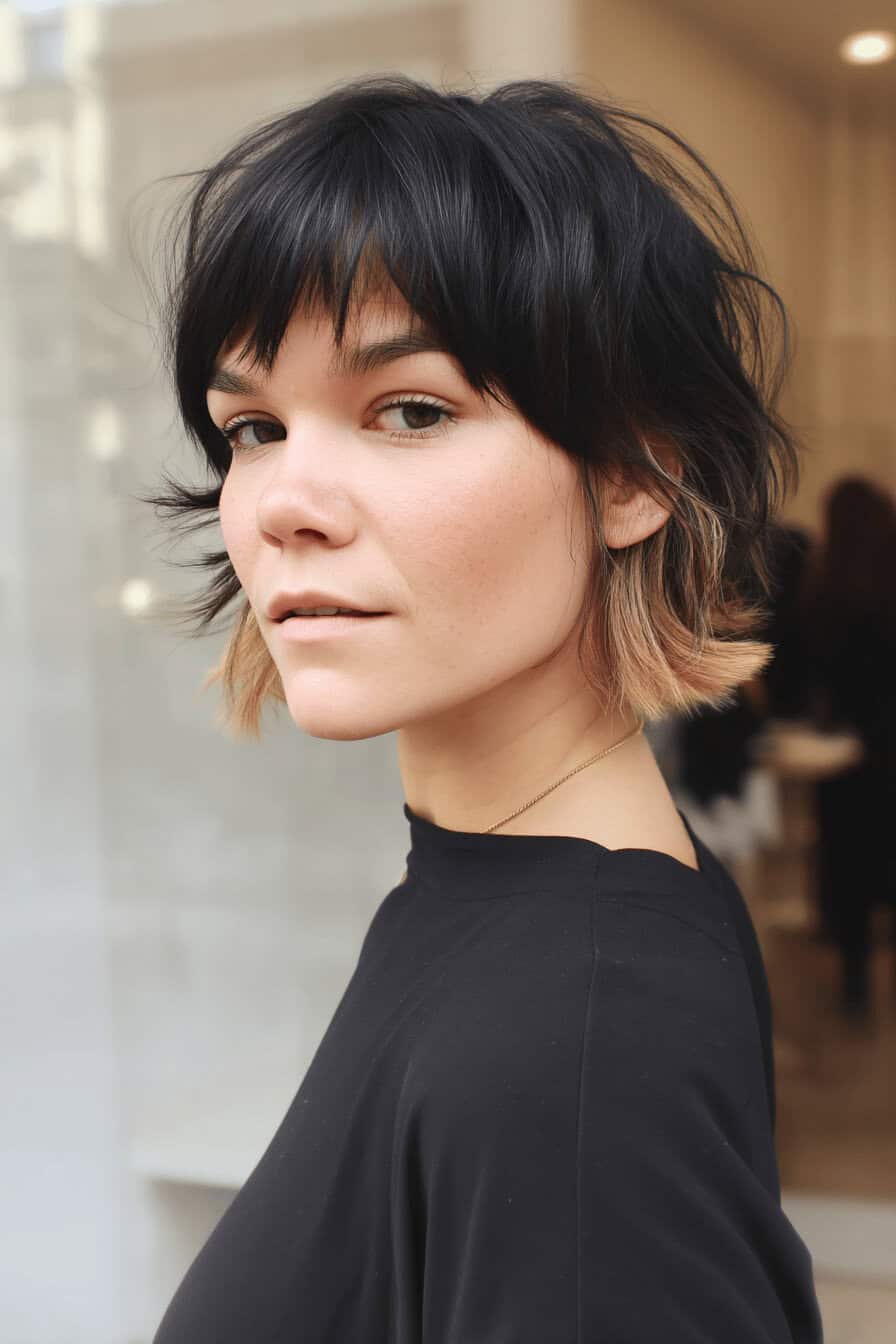 Frau mit dynamischem, kurzem Choppy Bob-Haarschnitt.