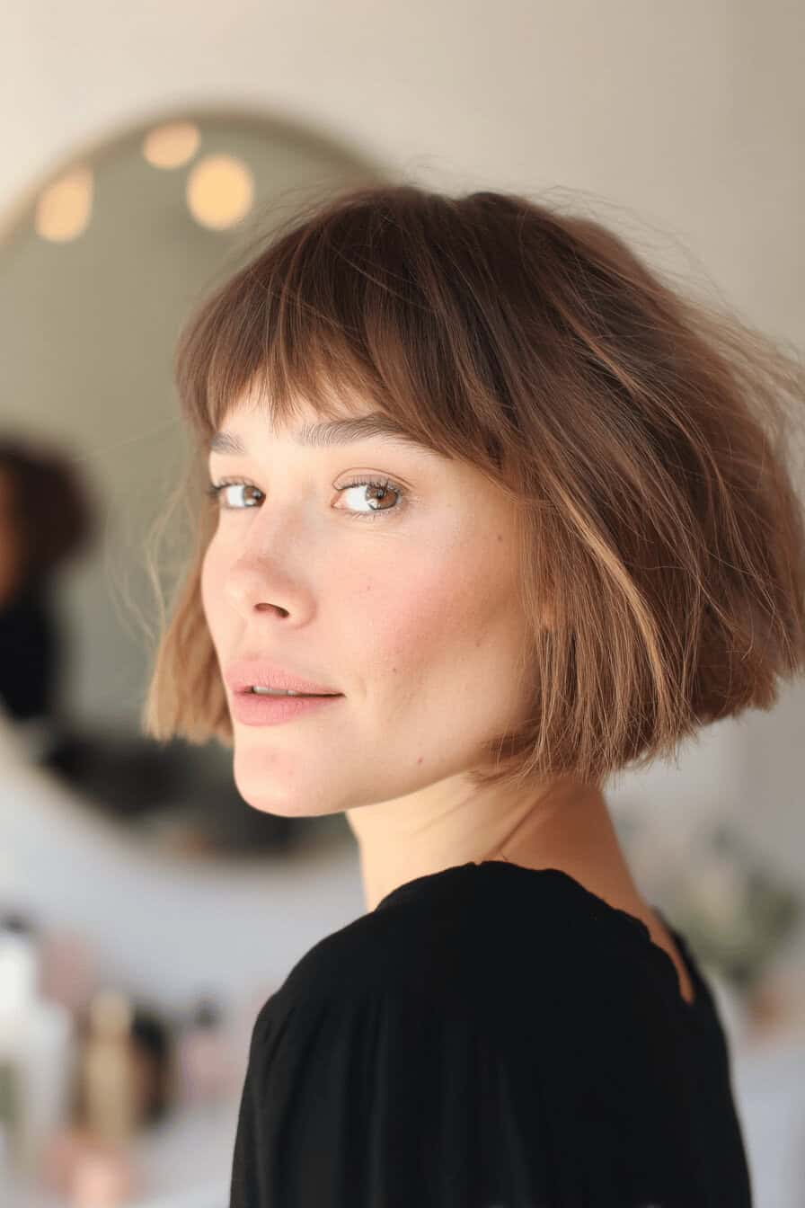 Frau mit kurzem, frechem Bob und Pony in einem Friseursalon.