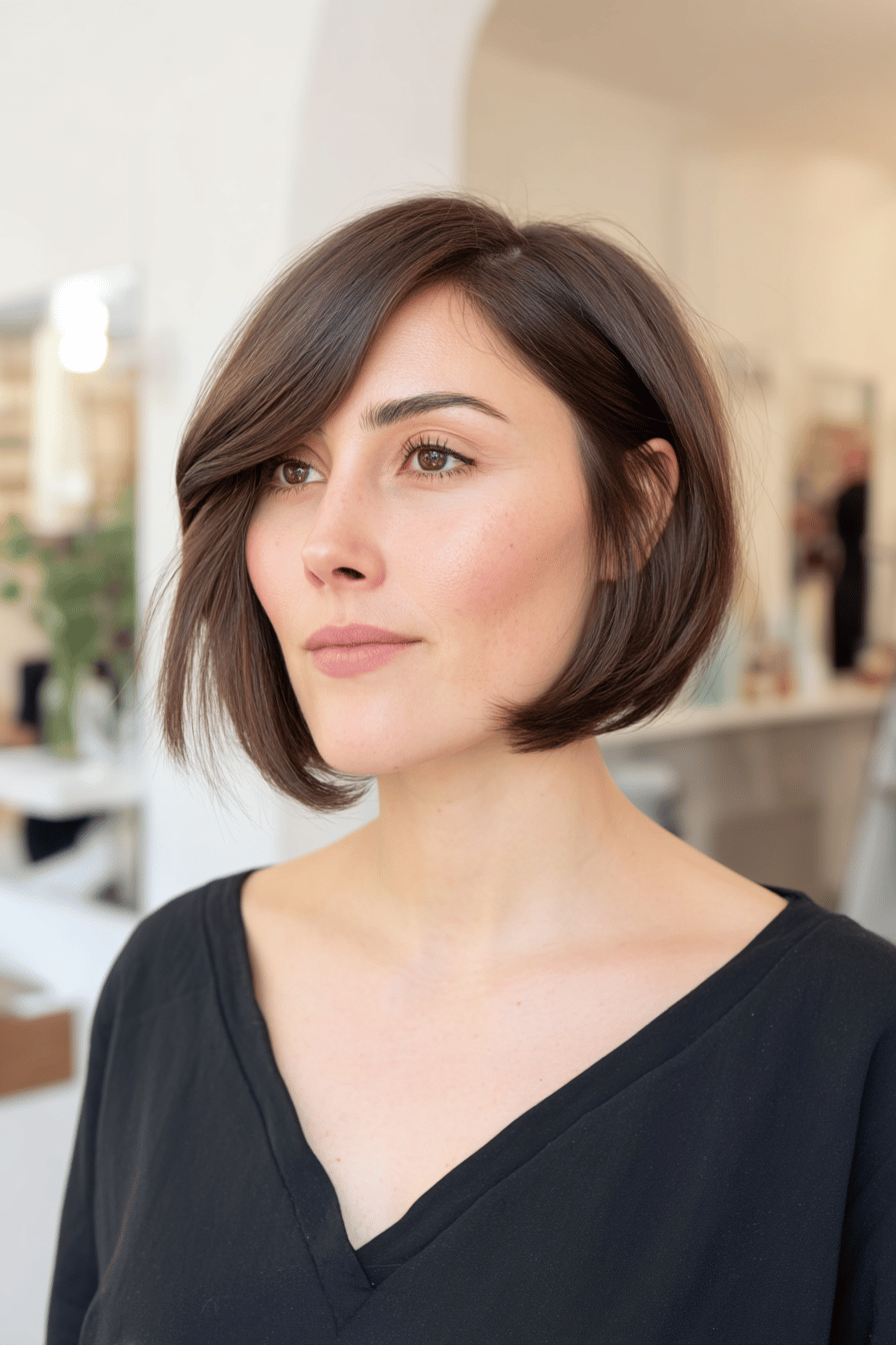 Eine Frau mit einem stilvollen French Cut Long Bob in einem Friseursalon.