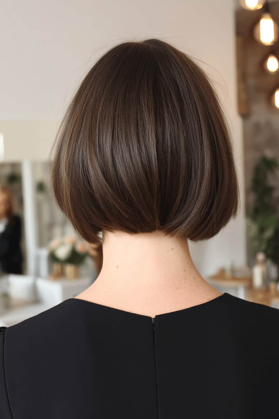 Rückenansicht eines stylishen kurzen Bob-Haarschnitts.