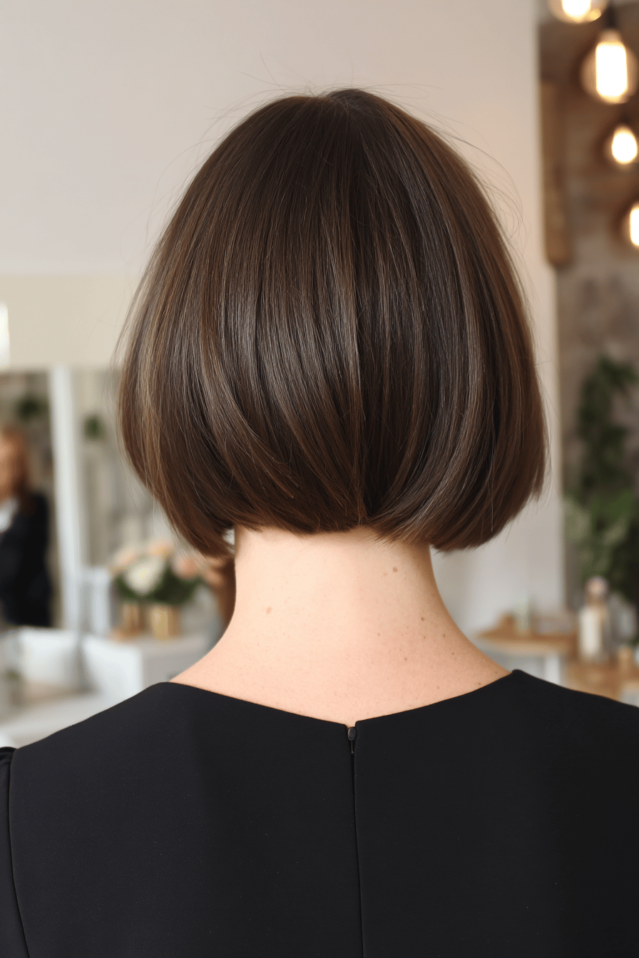 Rückenansicht eines stylishen kurzen Bob-Haarschnitts.