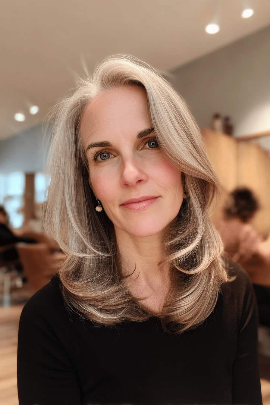 Frau mit grauem, welligem Haar in einem schlichten Salon.
